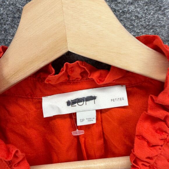 Loft Blouse Women PS Petite Red Polka Dot 1/2 Button Crew Neck Long Sleeve - Picture 3 of 7